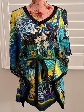 Vintage Cache Multi-Color Floral V-Neck Tie-Waist Asymmetrical Tunic